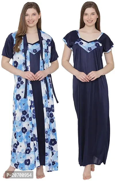 Floral Print Satin Nighty and Robe Set - Multicolor (Size - Free )-thumb2