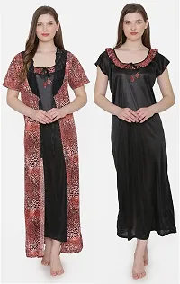 Leopard Print Satin Nighty and Robe Set - Red (Size - Free )-thumb1