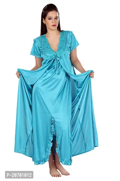 Solid Satin Lace Ruffle Trim Nighty and Robe Set-thumb0