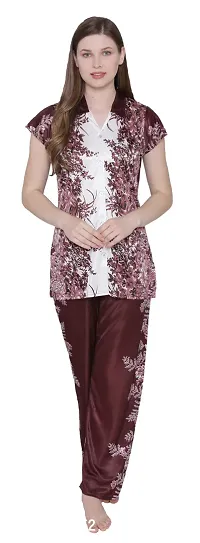 Floral Print Satin Button Up Shirt and Long Leg Pyjama Set - Brown (Size - Free )-thumb0