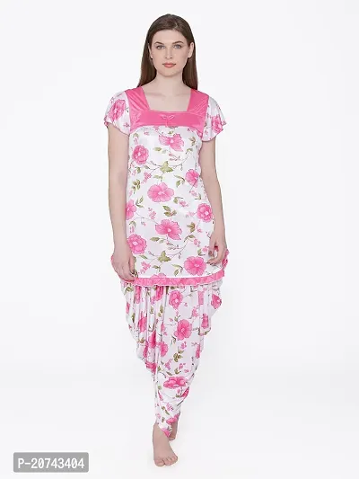 Floral Print Satin Short Sleeve Top and Long Leg Dhoti Set - Pink (Size - Free )-thumb4