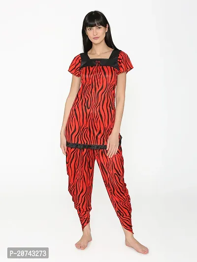 Tiger Print Satin Short Sleeve Top and Long Leg Dhoti Set - Red (Size - Free )