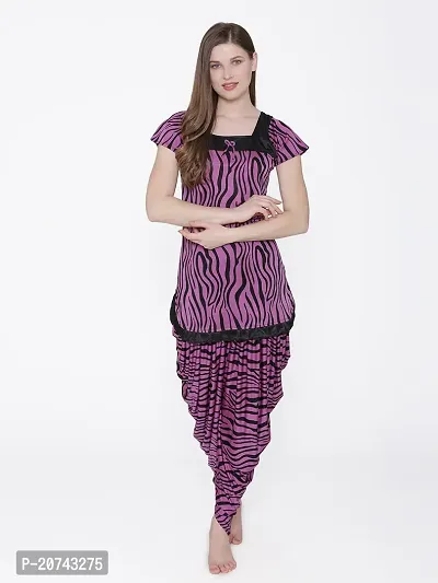 Tiger Print Satin Short Sleeve Top and Long Leg Dhoti Set - Purple (Size - Free )