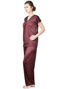 Silky Satin Top And Pyjama Set - Brown (Size - Free )-thumb2