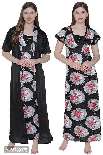 Floral Print Satin Nighty and Robe Set - Multicolor (Size - Free )