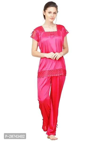 Silky Satin Top And Pyjama Set - Pink (Size - Free )