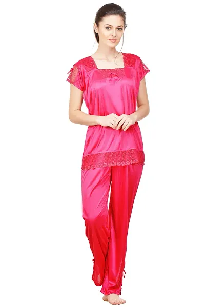 Silky Satin Top And Pyjama Set - (Size - Free )