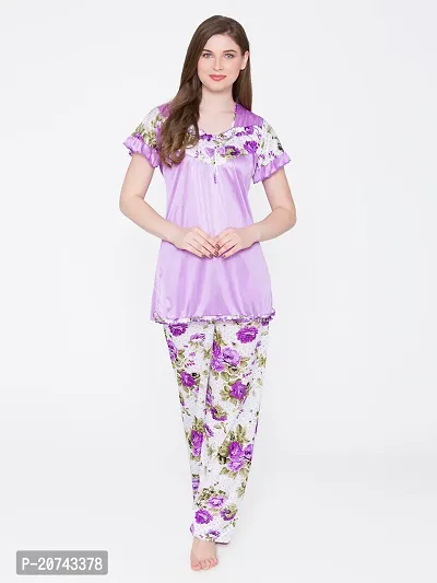 Floral Print Satin Top and Long Leg Pyjama Set - Blue (Size - Free )