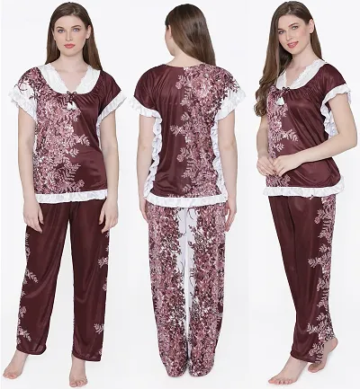 Beautiful Floral Print Satin Top and Long Leg Pyjama Set For Women