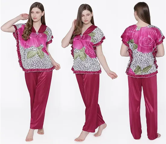 Beautiful Floral Print Satin Top and Long Leg Pyjama Set For Women