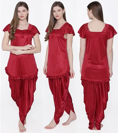 Beautiful Silky Satin Top And Pyjama Set For Women