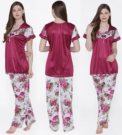 Beautiful Floral Print Satin Top and Long Leg Pyjama Set For Women