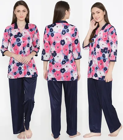 Beautiful Floral Print Satin Button Up Shirt and Long Leg Pyjama Set For Women