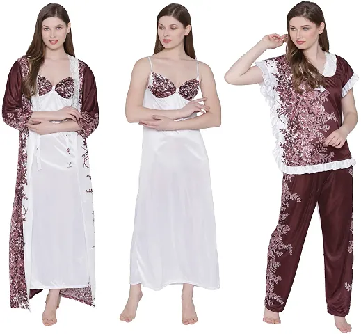 Floral Print Satin Nighty, Robe, Top Pyjama Set - (Size - Free )