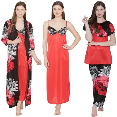 Floral Print Satin Nighty, Robe, Top Pyjama Set - (Size - Free )