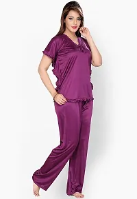 Womens'S Purple  Blue Solid Satin Top  Pyjama Set Pack Of  2-thumb3