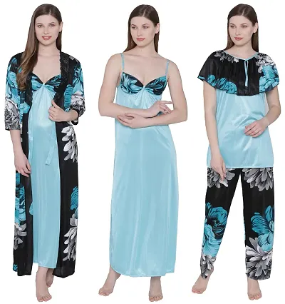 Floral Print Satin Nighty, Robe, Top Pyjama Set - Light (Size - Free )