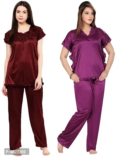 Womens'S Purple  Maroon Solid Satin Top  Pyjama Set