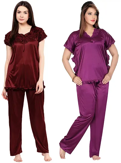Womens'S Solid Satin Top & Pyjama Set