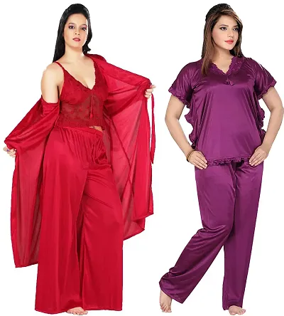 Womens'S Solid Satin Top Pyjama Set