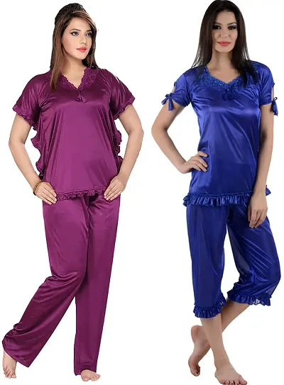 Trendy Satin Multicolored Loungewear Set/Night Suit Set for Women - Pack Of 2