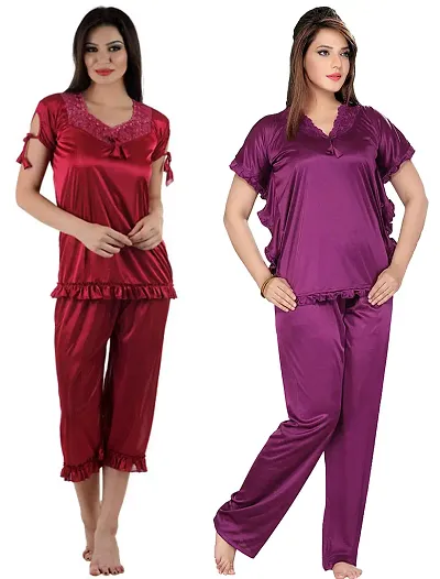 Womens'S Solid Satin Top Pyjama Set