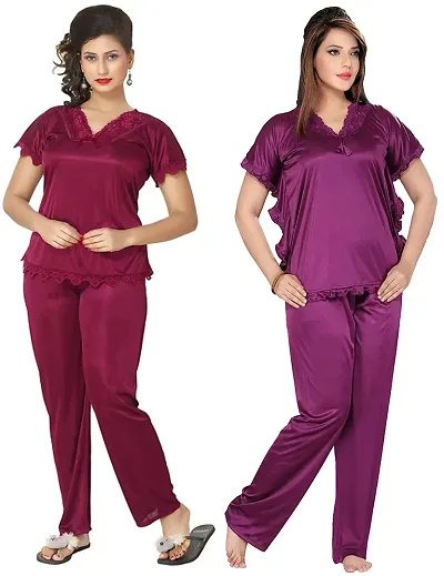 Womens'S Solid Satin Top Pyjama Set