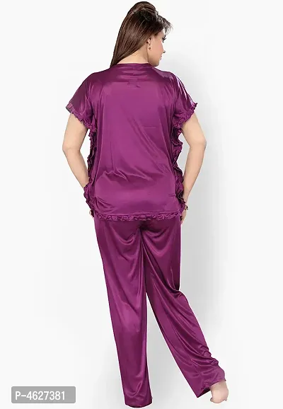 Womens'S Purple  Red Solid Satin Top  Pyjama Set-thumb3