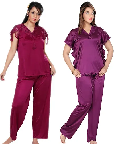 Womens'S Solid Satin Top Pyjama Set