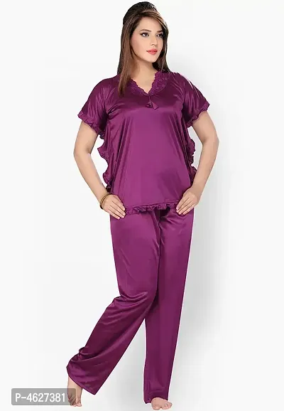 Womens'S Purple  Red Solid Satin Top  Pyjama Set-thumb2