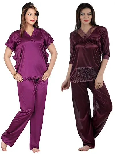 Stylish Solid Satin Top And Pyjama Set For Women Pack Of 2