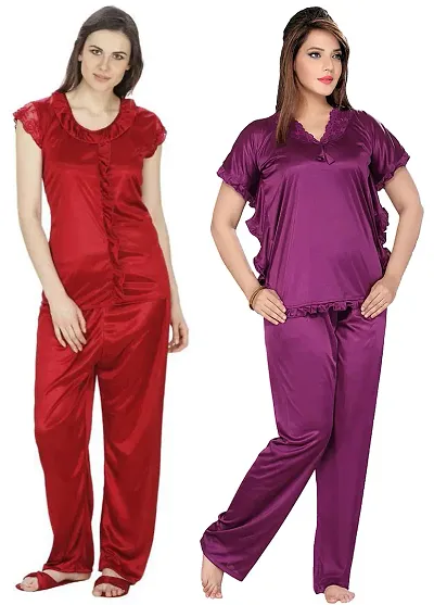 Womens'S Solid Satin Top Pyjama Set