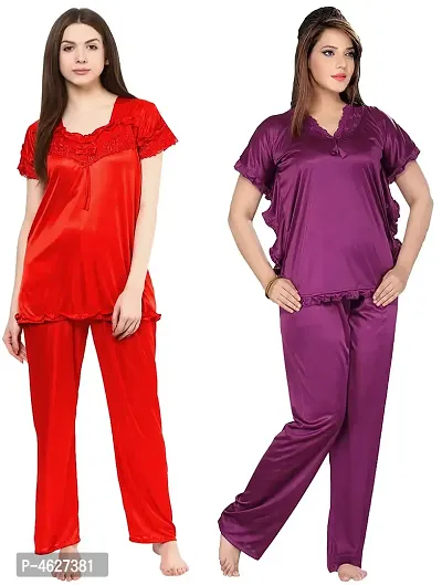 Womens'S Purple  Red Solid Satin Top  Pyjama Set