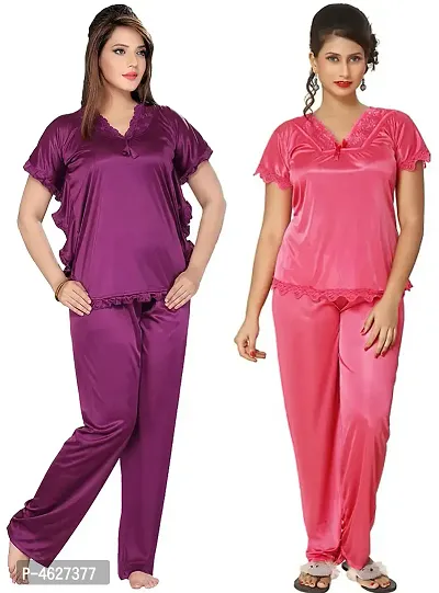 Womens'S Purple  Pink Solid Satin Top  Pyjama Set