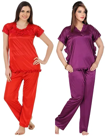 Womens'S Solid Satin Top Pyjama Set