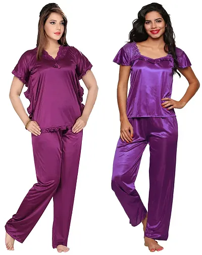 Stylish Solid Satin Top And Pyjama Set For Women Pack Of 2