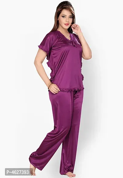 Womens'S Purple  Brown Solid Satin Top  Pyjama Set-thumb4