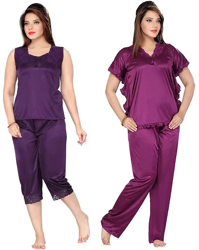 Womens'S Solid Satin Top Pyjama Set