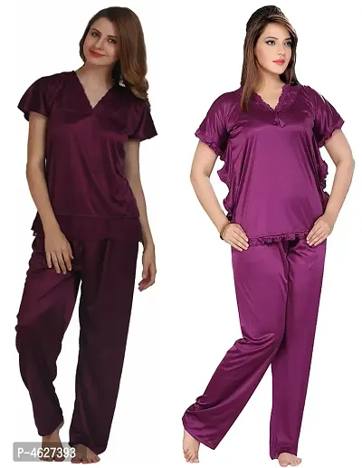 Womens'S Purple  Brown Solid Satin Top  Pyjama Set