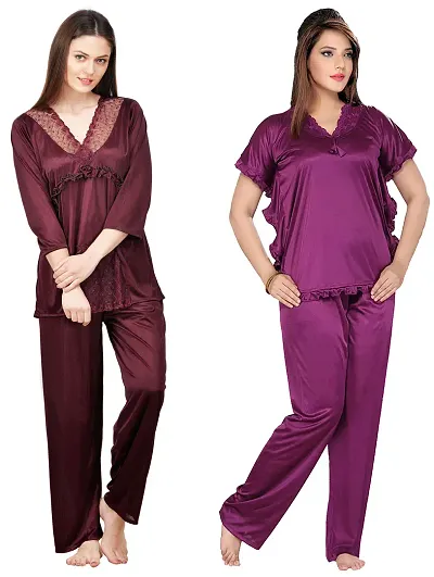 Stylish Solid Satin Top And Pyjama Set For Women Pack Of 2