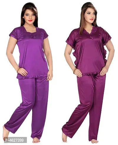 Womens'S Purple  Purple Solid Satin Top  Pyjama Set