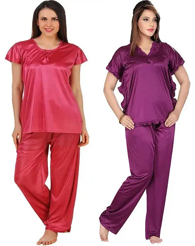 Womens'S Solid Satin Top Pyjama Set