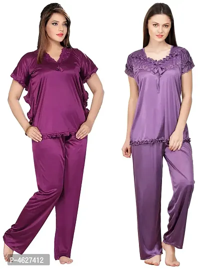 Womens'S Purple  Purple Solid Satin Top  Pyjama Set