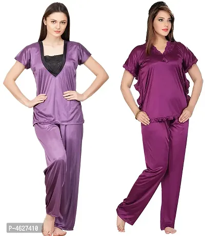 Womens'S Purple  Purple Solid Satin Top  Pyjama Set-thumb0