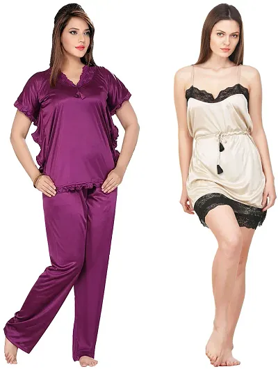 Stylish Solid Satin Top And Pyjama Set For Women Pack Of 2