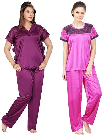 Womens'S Solid Satin Top Pyjama Set