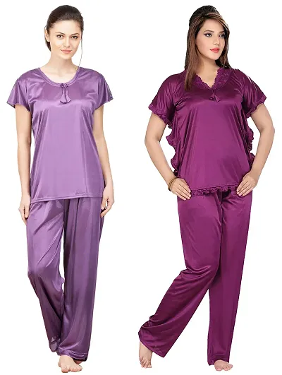 Womens'S Solid Satin Top Pyjama Set