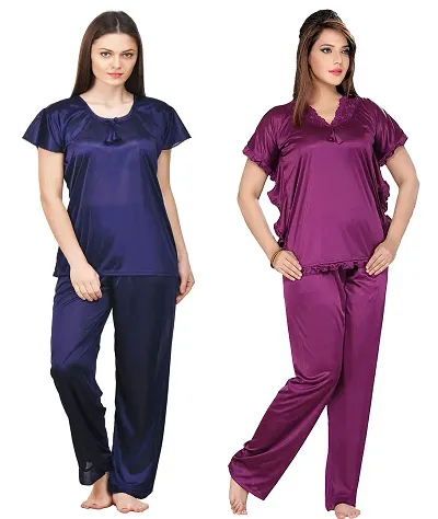 Stylish Solid Satin Top And Pyjama Set For Women Pack Of 2