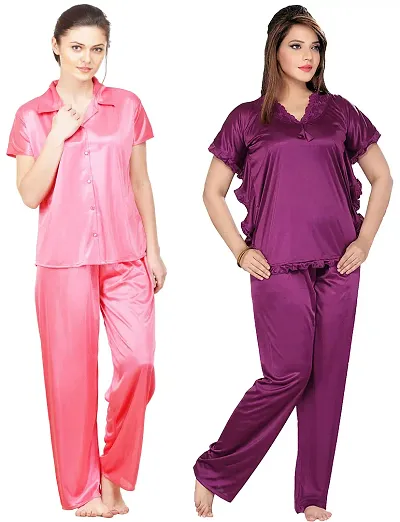 Stylish Solid Satin Top And Pyjama Set For Women Pack Of 2