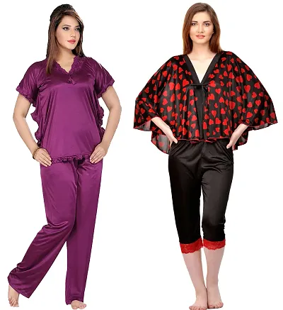 Stylish Satin Top And Pyjama Set For Women Pack Of 2